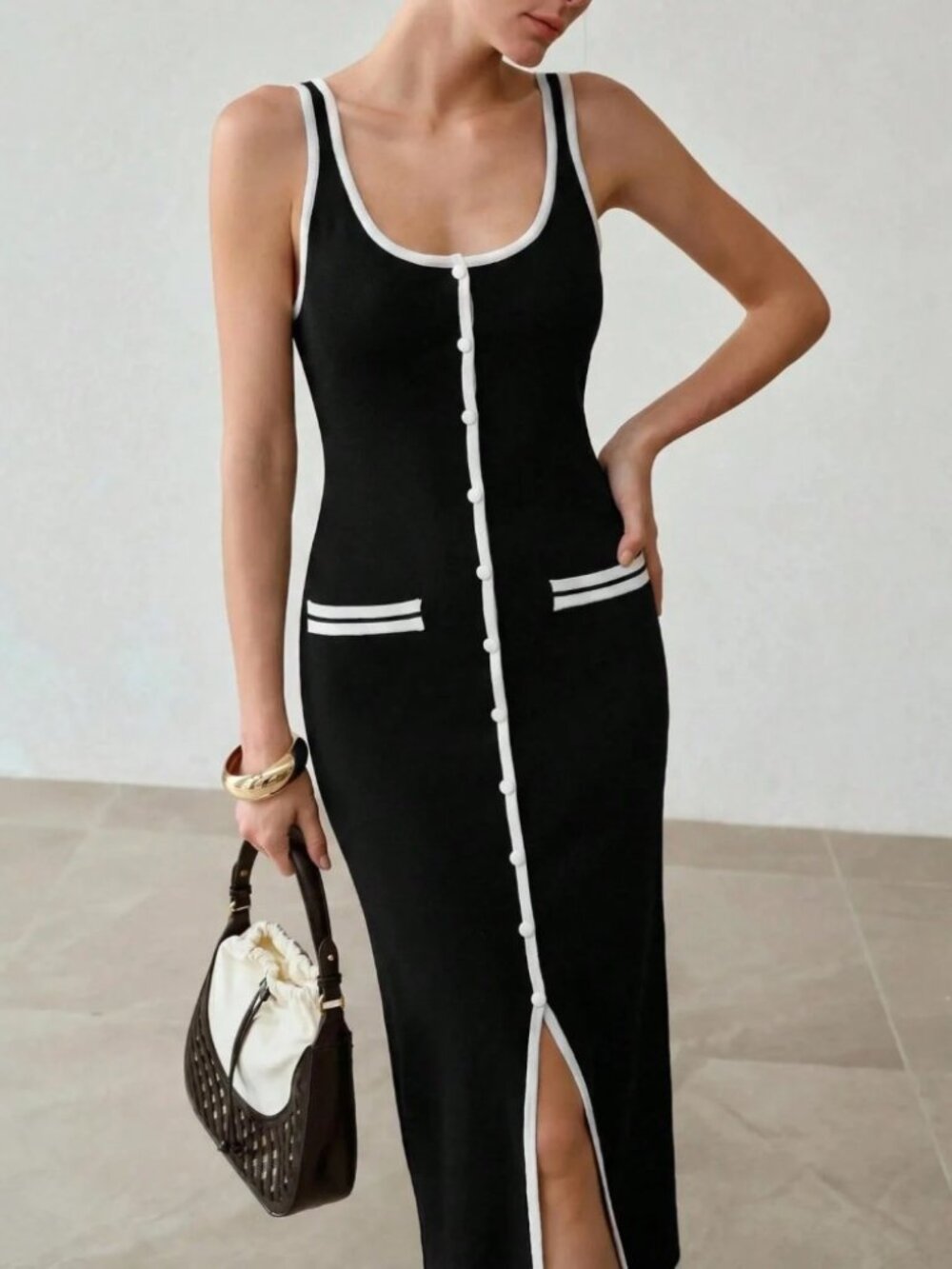 Black Contrast Trim Sweater Midi Dress with Button Front